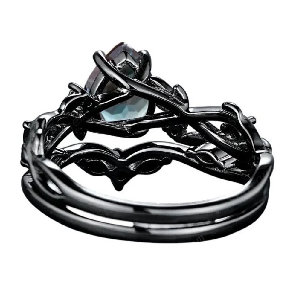 Pear Cut Alexandrite & Moissanite 2 piece Bridal Wedding engagement ring Rhodium - Picture 6 of 8